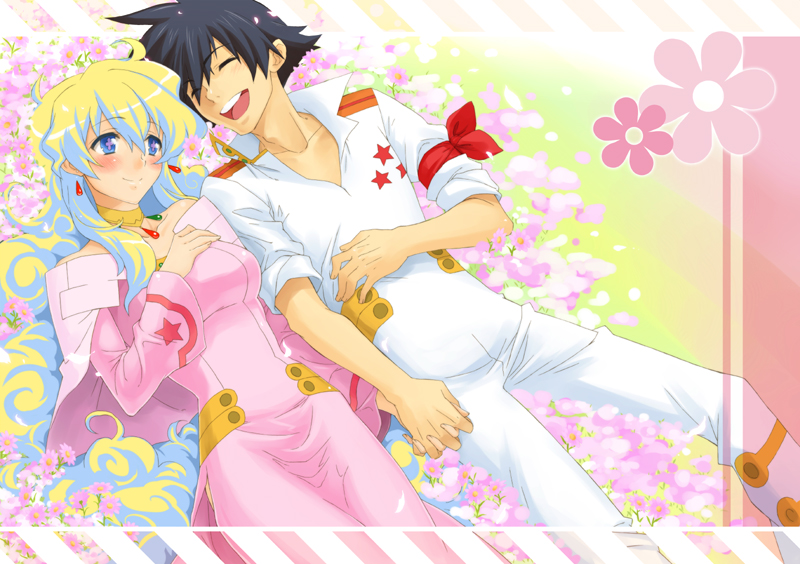 kekocha, nia teppelin, simon (ttgl), tengen toppa gurren lagann, 00s, 1boy, 1girl, armband, blush, couple, dress, earrings, flower, happy, hetero, holding hands, jewelry, long hair, multicolored hair, smile, very long hair