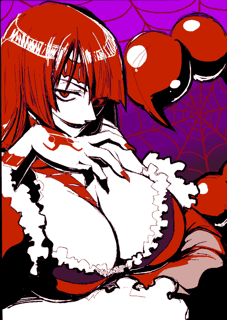 kekocha, adiane, tengen toppa gurren lagann, 00s, 1girl, breasts, cleavage, dress, eyepatch, female focus, fingernails, frills, huge breasts, large breasts, long hair, looking at viewer, monochrome, nail (hardware), scorpion tail, silk, smile, solo, spider web, tail, tattoo