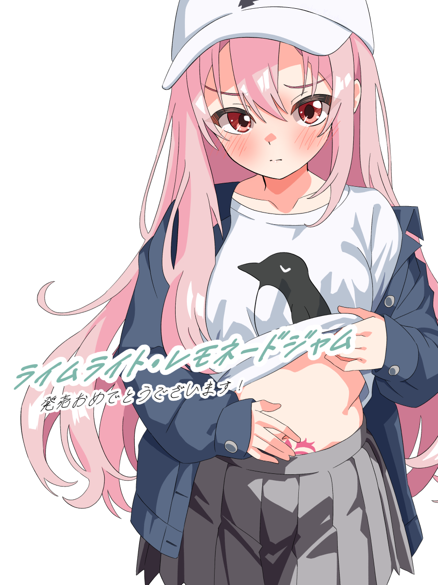 yokoshima akunusu, limelight lemonade jam, commentary request, highres, translation request, 1girl, black jacket, blush, closed mouth, clothes lift, cowboy shot, frown, grey skirt, hair between eyes, harumi ena, jacket, lifting own clothes, long hair, looking at viewer, miniskirt, open clothes, open jacket, penguin print, pink hair, pleated skirt, print shirt, pubic tattoo, red eyes, shirt, shirt lift, sidelocks, simple background, skirt, sleeves past wrists, solo, split mouth, stomach, tattoo, v-shaped eyebrows, very long hair, white background, white shirt
