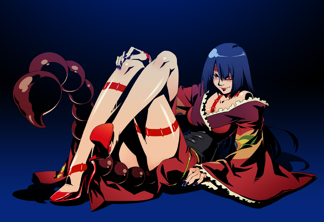 rintarou, adiane, tengen toppa gurren lagann, 00s, 1girl, blue hair, corset, dress, eyepatch, female focus, frills, high heels, japanese clothes, kimono, legs, lipstick, long hair, makeup, nail polish, red eyes, scorpion tail, shoes, solo, tail, tattoo
