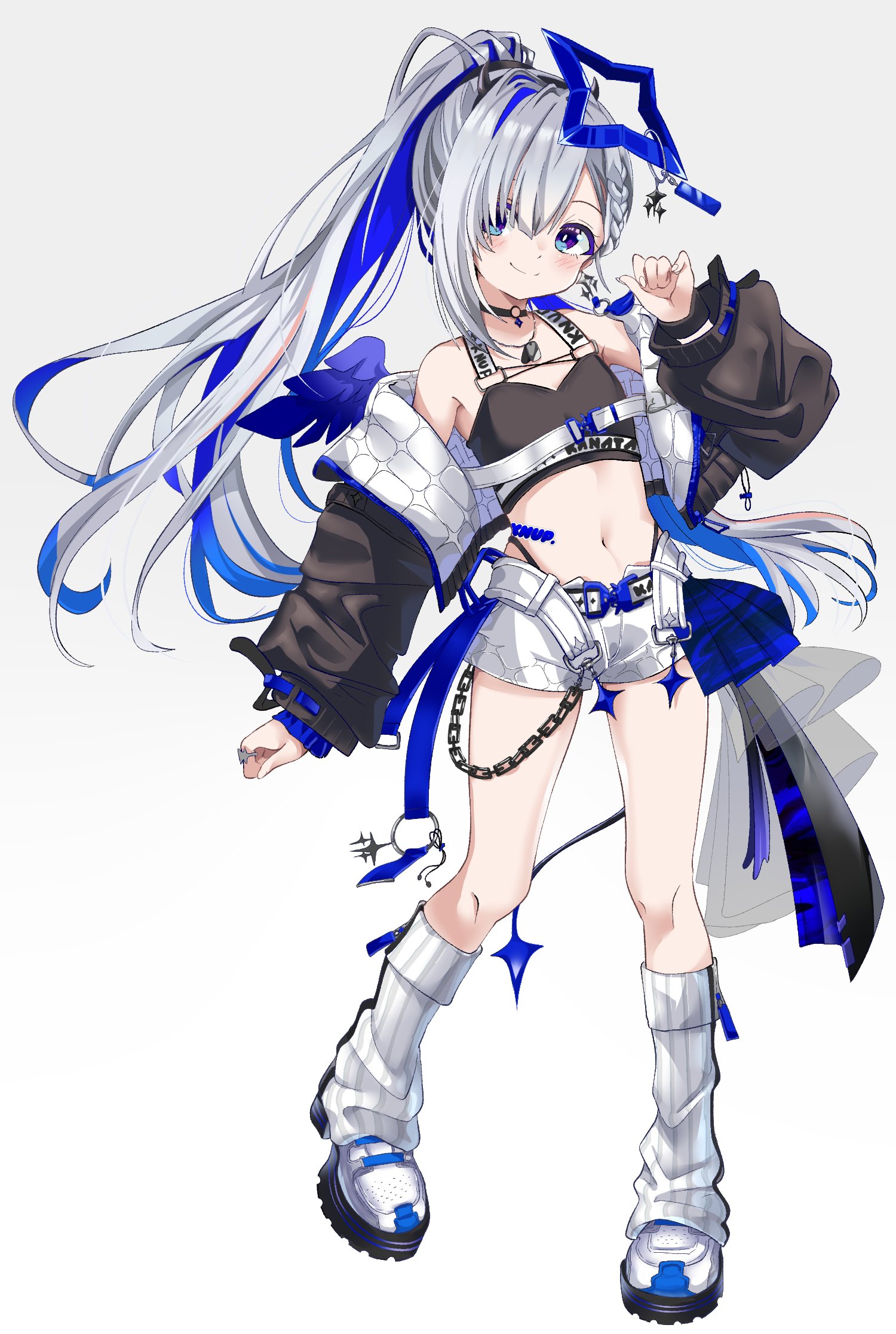 yabu q, amane kanata, highres, tagme, 1girl, bare shoulders, flat chest, grey hair, knees, long hair, navel, open clothes, short shorts, shorts, simple background, solo, stomach, thighs, very long hair