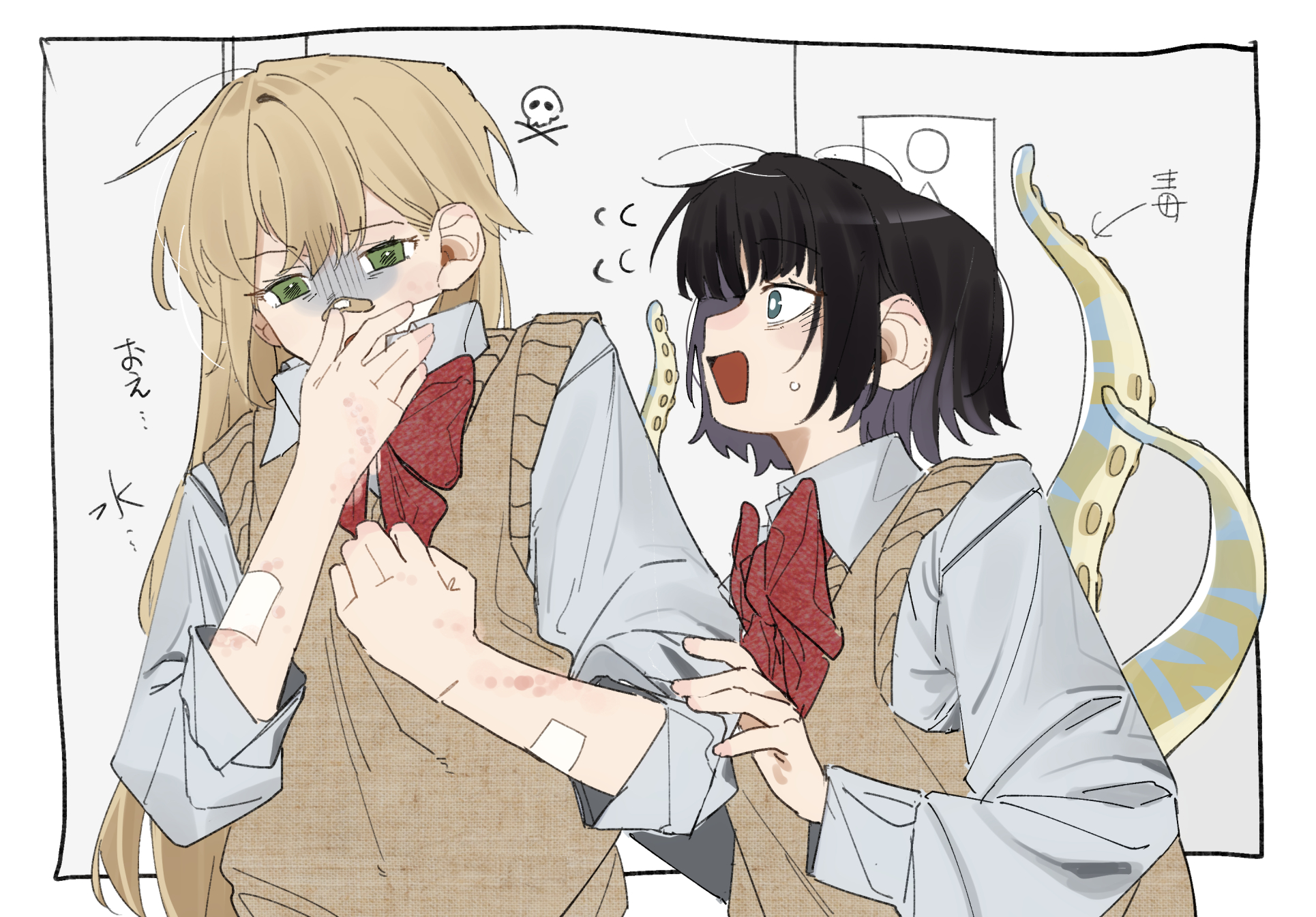 fill (fill lemonn), original, 2girls, bandaid, bandaid on face, bandaid on nose, green eyes, multiple girls, school uniform, short hair, tentacles