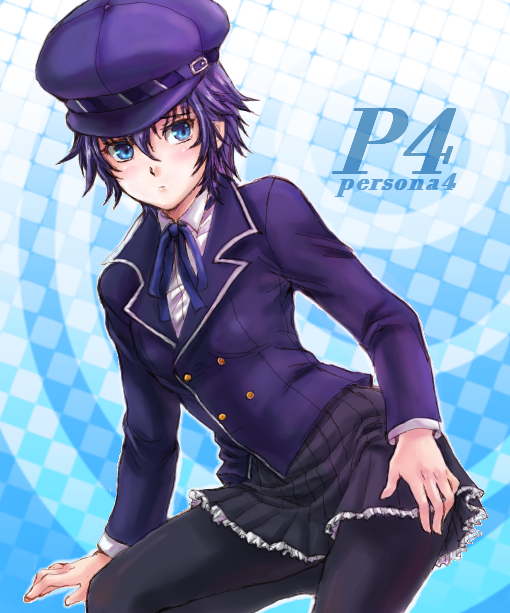 tukemen, shirogane naoto, atlus, persona, persona 4, 1girl, androgynous, blazer, blue eyes, blue hair, female focus, hat, jacket, newsboy cap, pantyhose, reverse trap, short hair, skirt, solo