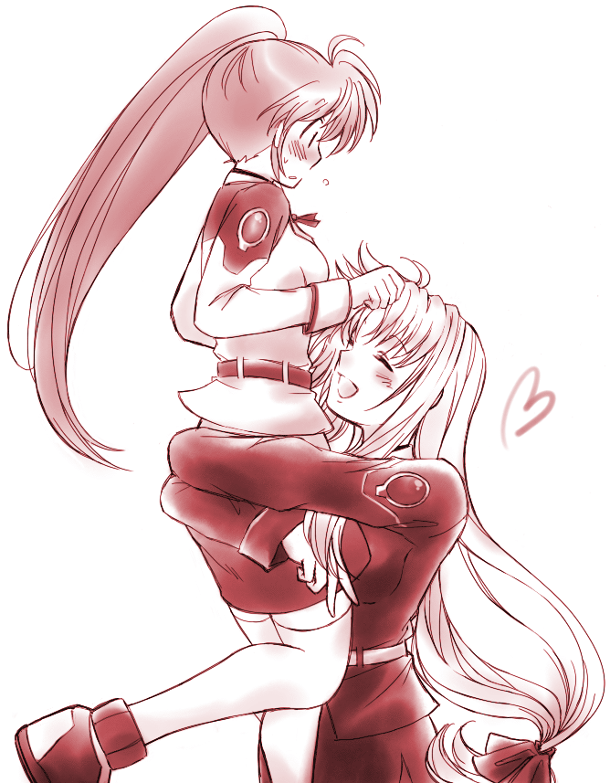 fate testarossa, takamachi nanoha, lyrical nanoha, mahou shoujo lyrical nanoha, mahou shoujo lyrical nanoha strikers, 00s, 2girls, blush, carrying, happy, heart, long hair, low-tied long hair, military, military uniform, monochrome, multiple girls, red theme, side ponytail, thighhighs, white background