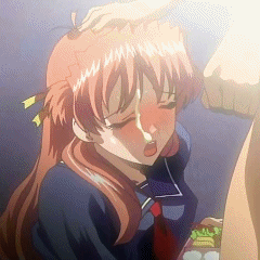 murakami teruaki, mikimoto harumi (seifuku shoujo), seifuku shoujo, animated, animated gif, lowres, 00s, 1girl, bento, bento box, blush, closed eyes, cum, cum on body, cum on hair, ejaculation, facial, hair ribbon, long hair, orange hair, penis, ribbon, school uniform, serafuku, solo focus
