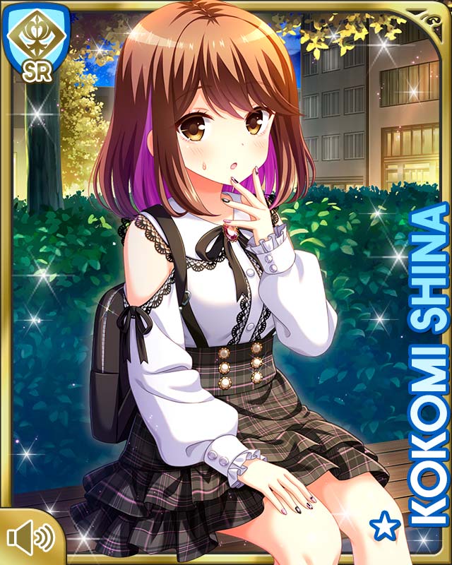 qp:flapper, shiina kokomi, girlfriend (kari), official art, 1girl, :o, backpack, bag, black bow, black skirt, bow, breasts, brown eyes, brown hair, card (medium), character name, collarbone, female focus, night, open mouth, outdoors, plaid clothes, plaid skirt, shirt, short hair, sitting, skirt, solo, white shirt