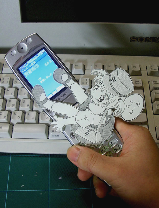 sasaki yukinojou, papercraft (medium), photo (medium), revision, unconventional media, 1girl, cellphone, hat, interactive media, paper, paper child, phone, school uniform, serafuku, solo focus, twintails