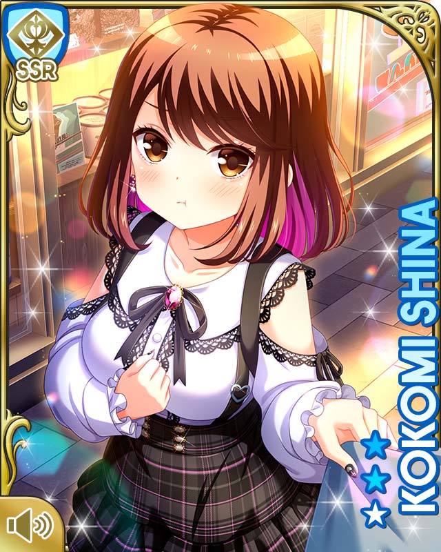 qp:flapper, shiina kokomi, girlfriend (kari), official art, 1girl, backpack, bag, black bow, black skirt, bow, breasts, brown eyes, brown hair, card (medium), character name, closed mouth, collarbone, female focus, jealous, night, outdoors, plaid clothes, plaid skirt, shirt, short hair, skirt, solo, standing, white shirt