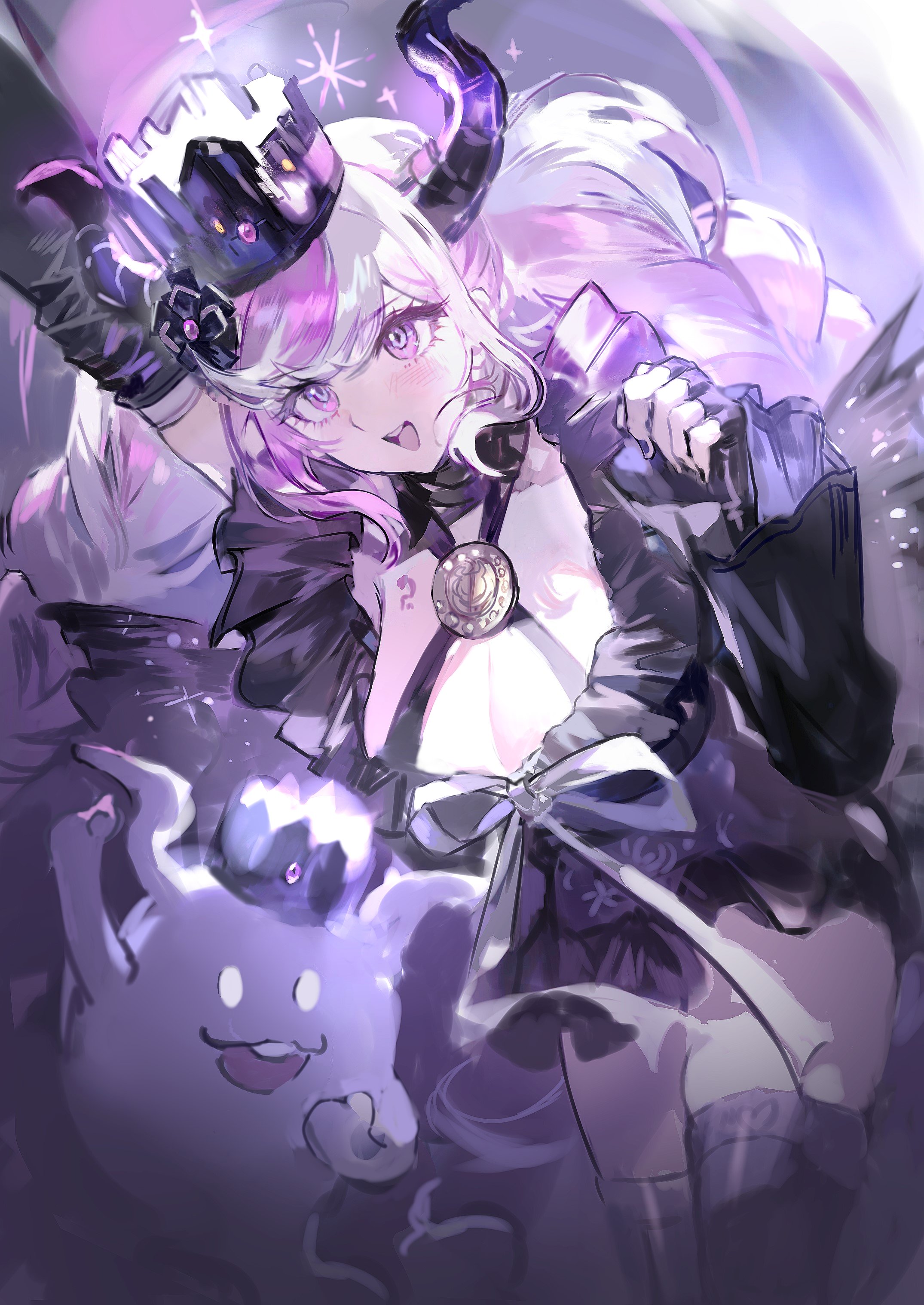shinigami (ghost) (rain code), shinigami (rain code), master detective archives: rain code, absurdres, commentary request, highres, 1girl, arm up, black dress, black gloves, black horns, blush, breasts, cleavage, crown, detached sleeves, dress, fingerless gloves, ghost, gloves, horns, large breasts, long hair, multicolored hair, open mouth, pink eyes, pink hair, smile, two-tone hair, very long hair, white hair, xiagexiagexia