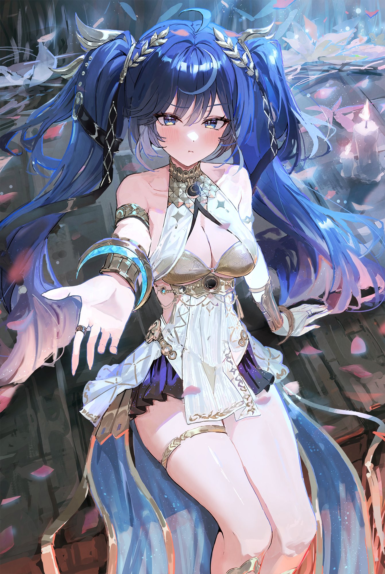 sonchi, iuno (wuthering waves), wuthering waves, commentary, highres, symbol-only commentary, 1girl, ahoge, ancient greek clothes, armlet, bare shoulders, black skirt, blue eyes, blue hair, blush, breasts, cleavage, closed mouth, feet out of frame, fingernails, gold bra, greco-roman clothes, hair belt, jewelry, laurel crown, long hair, medium breasts, multicolored hair, offering hand, pout, sitting, skirt, solo, streaked hair, thighlet, thighs, twintails