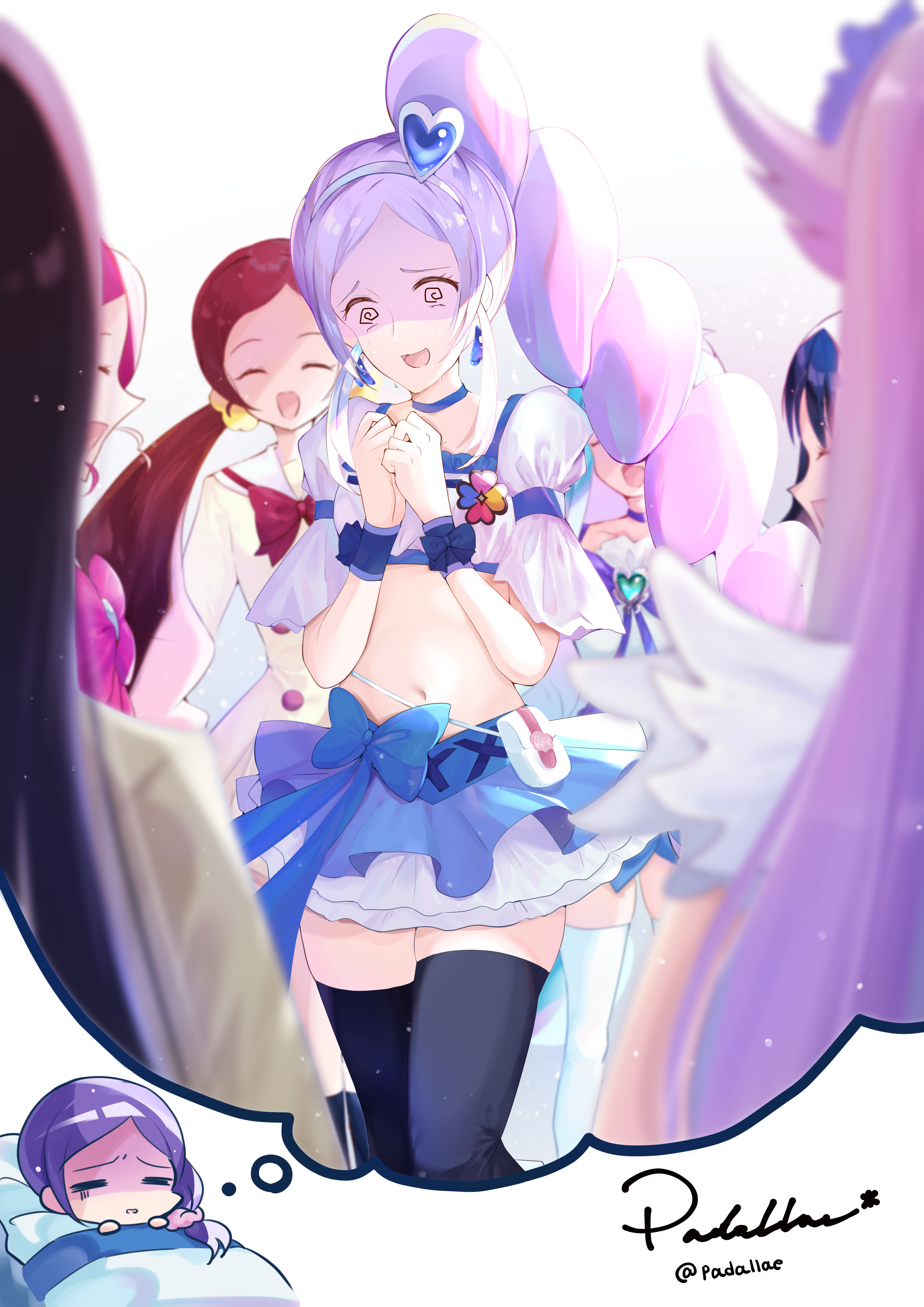 kato kyoka0330, aono miki, cure berry, cure moonlight, hanasaki tsubomi, kurumi erika, kurumi momoka, tsukikage yuri, fresh precure!, heartcatch precure!, precure, absurdres, commentary request, highres, 6+girls, artist name, black thighhighs, blue choker, blue eyes, blue skirt, blue wrist cuffs, breasts, brooch, choker, dreaming, drill hair, drill ponytail, earrings, eyelashes, frilled skirt, frills, hair ornament, hairband, heart, heart brooch, heart hair ornament, high ponytail, high side ponytail, jewelry, long hair, magical girl, medium breasts, midriff, multiple girls, navel, ponytail, purple eyes, purple hair, side ponytail, skirt, standing, thighhighs, thighs, twitter username, wrist cuffs