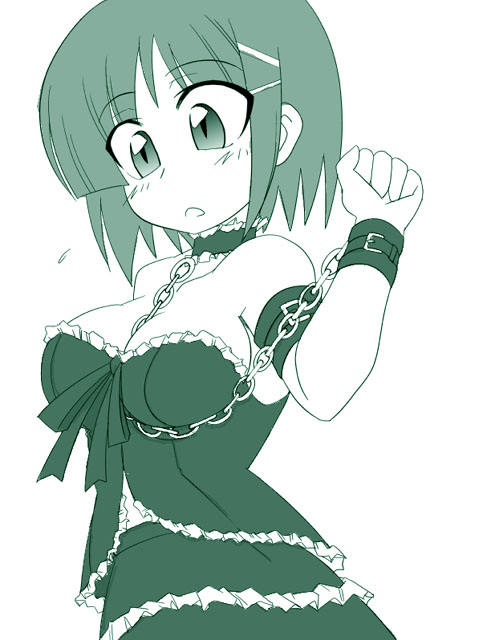 ikebata homura, aizawa sakuya, hayate no gotoku!, 00s, 1girl, between breasts, breasts, chain, female focus, green theme, hair ornament, hairclip, monochrome, solo
