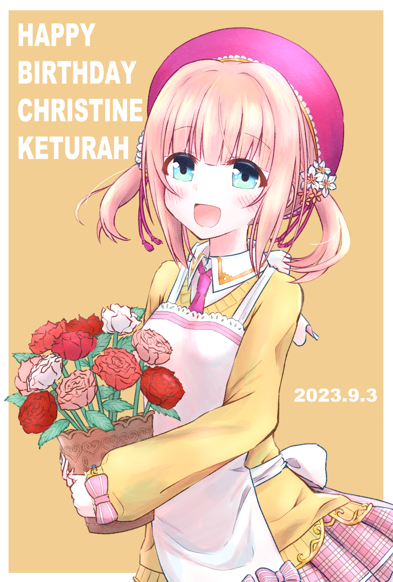 janenbokumeetu, christine ketoura, iris mysteria!, highres, 1girl, apron, bow, bow flower, character name, dated, flower pot, green eyes, hair bow, happy birthday, hat, holding, holding flower pot, necktie, open mouth, pink hair, pink skirt, purple hat, purple necktie, red bow, shirt, skirt, smile, solo, twintails, white apron, yellow background, yellow shirt