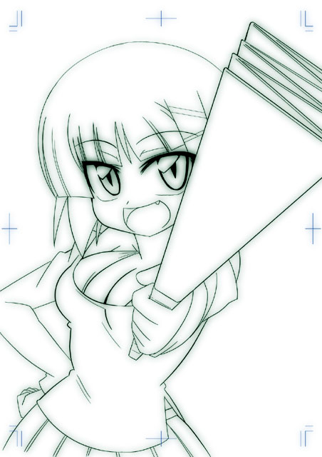 ikebata homura, aizawa sakuya, hayate no gotoku!, 00s, 1girl, breasts, cleavage, fang, female focus, green theme, hair ornament, hairclip, hand fan, harisen, large breasts, monochrome, solo
