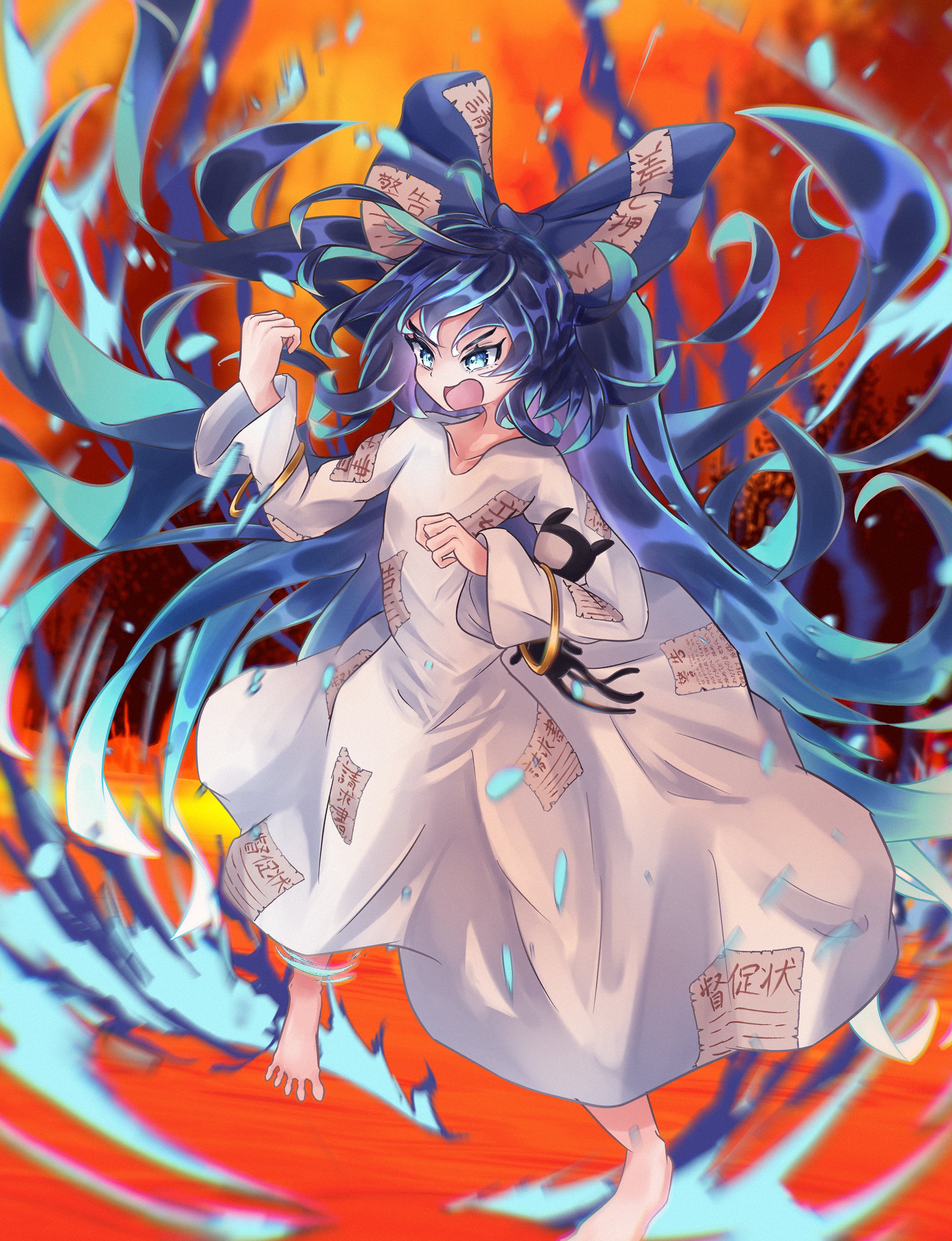 yorigami shion, touhou, absurdres, commentary, highres, 1girl, barefoot, blue bow, blue eyes, blue hair, bow, clenched hand, dress, feet, frown, full body, hair bow, holding, holding toy, long hair, mynmyn5089, open mouth, solo, standing, toes, toy, v-shaped eyebrows, white dress