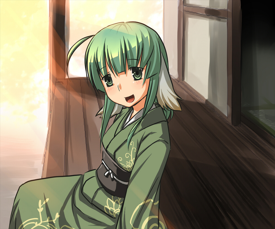 a-ru, aaru (tenrake chaya), original, 1girl, animal ears, blush, female focus, flat chest, green eyes, green hair, japanese clothes, kimono, long hair, matching hair/eyes, open mouth, sitting, smile, solo
