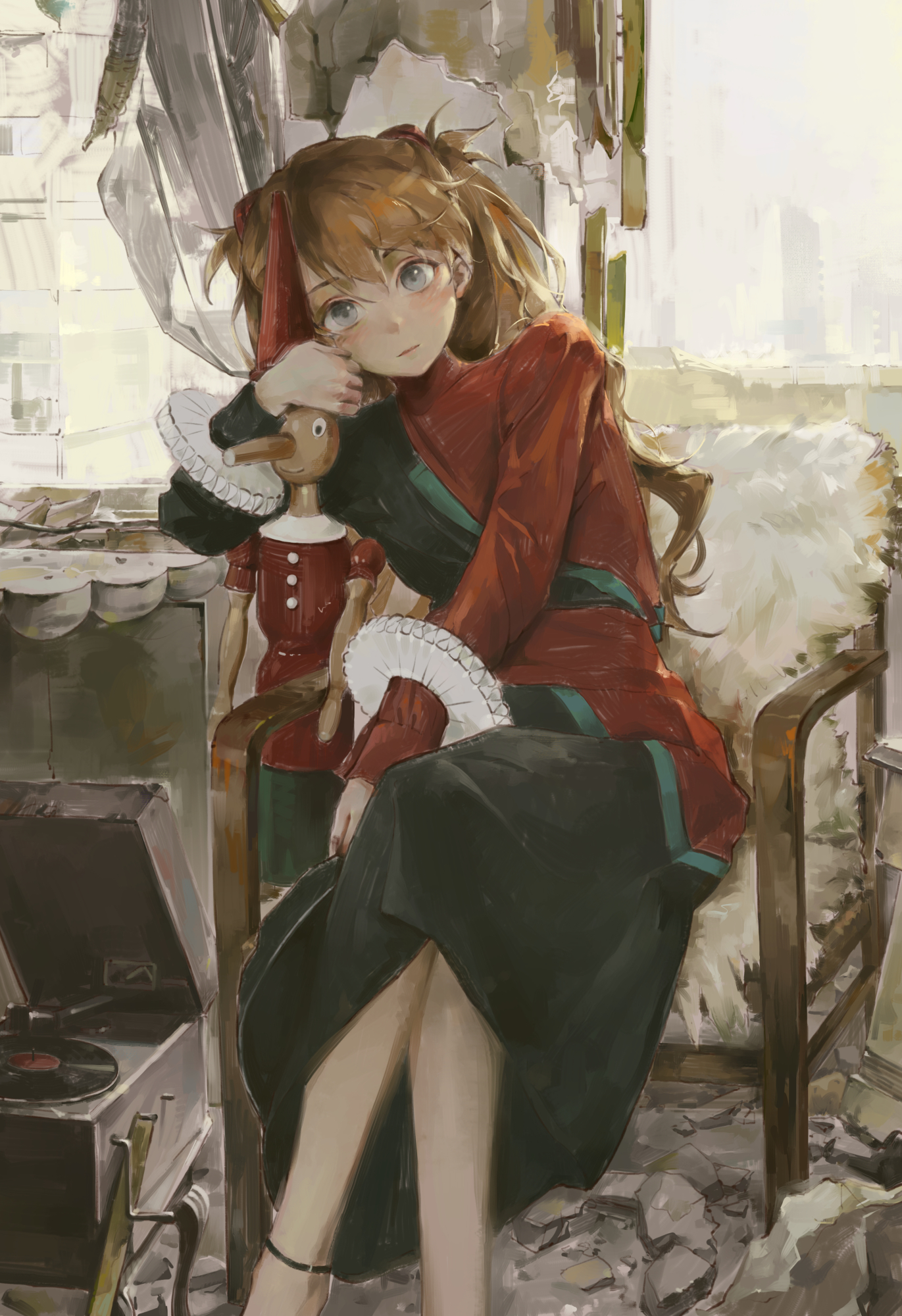 kuto (kuroto), souryuu asuka langley, neon genesis evangelion, chinese commentary, commentary, highres, 1girl, black jacket, black skirt, blue eyes, brown hair, chair, closed mouth, crossed legs, feet out of frame, hair between eyes, indoors, interface headset (evangelion), jacket, long hair, long sleeves, looking at viewer, multicolored jacket, on chair, phonograph, red jacket, sitting, skirt, solo, toy soldier, two-tone jacket, vinyl record, wrist ruff