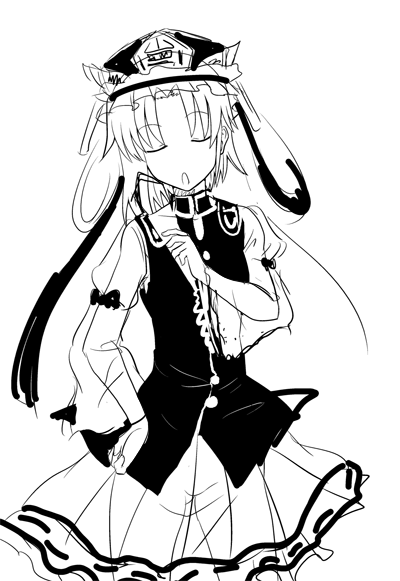 hiromasa, shiki eiki, touhou, 1girl, closed eyes, female focus, greyscale, hand on own hip, hip focus, monochrome, rod of remorse, see-through clothes, solo