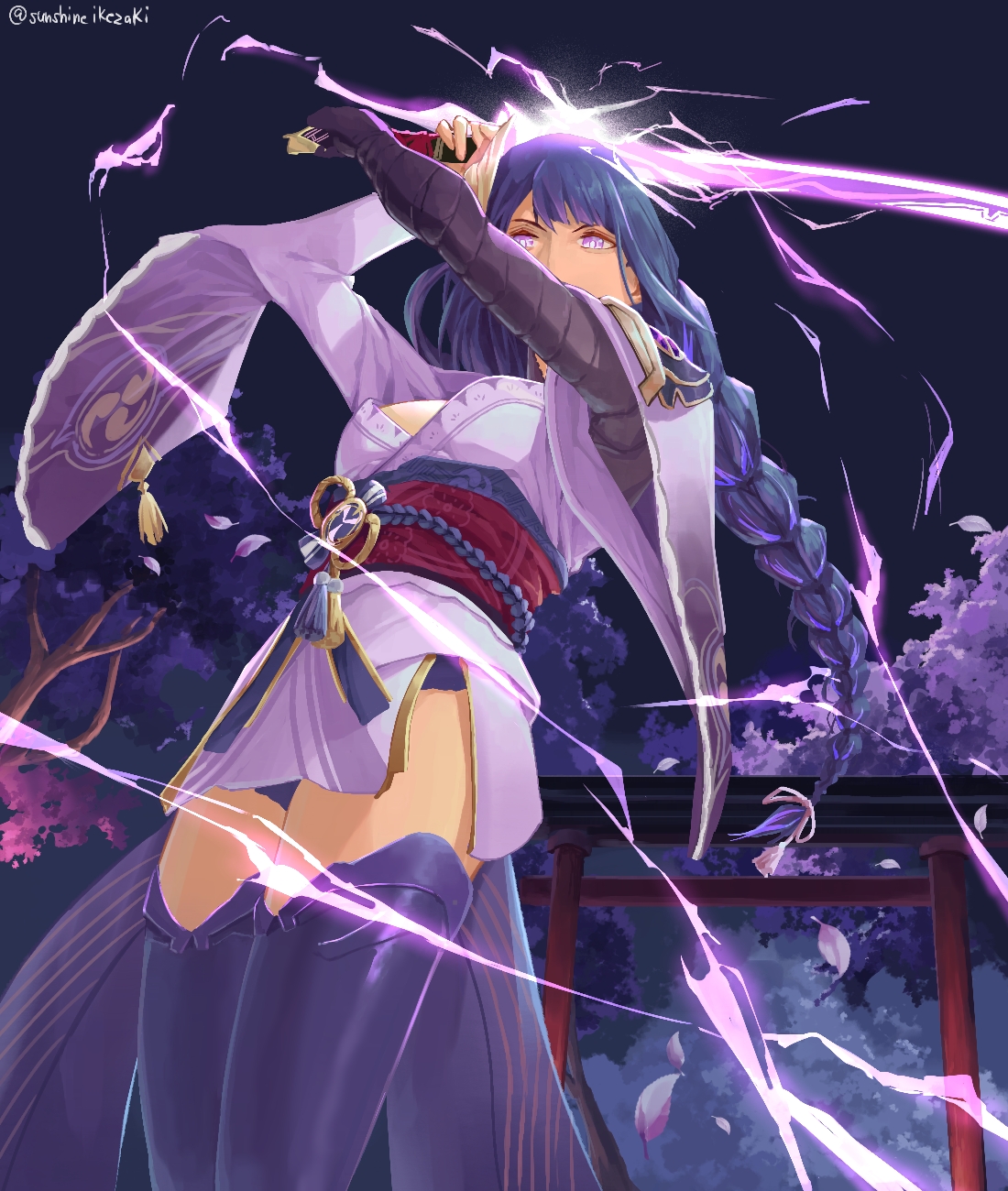 sunshineikezak1, raiden shogun, genshin impact, commentary, english commentary, highres, 1girl, arm up, armor, arms up, asymmetrical sleeves, blunt bangs, braid, breasts, bridal gauntlets, cherry blossoms, cleavage, electricity, fan hair ornament, glowing, glowing eyes, glowing weapon, hair ornament, hair ribbon, holding, holding sword, holding weapon, japanese armor, japanese clothes, katana, kimono, large breasts, long braid, long hair, looking at viewer, looking down, mitsudomoe (shape), multicolored hair, night, night sky, outdoors, panties, purple eyes, purple hair, purple kimono, purple panties, purple ribbon, purple sky, purple thighhighs, red sash, ribbon, sash, shade, shoulder armor, single braid, sky, solo, standing, streaked hair, sword, thighhighs, tomoe (symbol), tree, underwear, uneven sleeves, weapon, wide sleeves