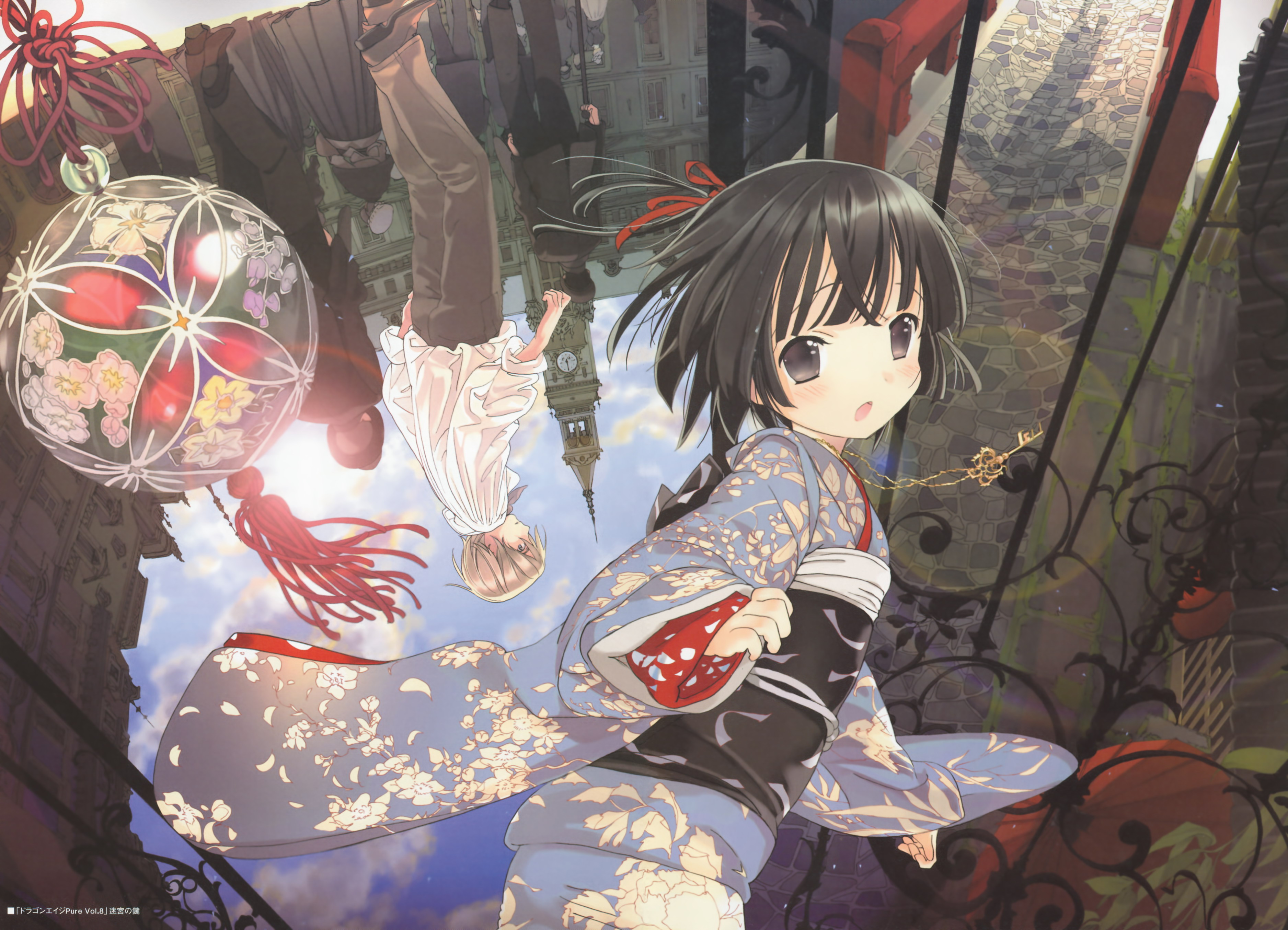 takeda hinata, claude claudel, yune (ikoku meiro no croisee), ikoku meiro no croisee, absurdres, highres, scan, 1boy, 1girl, black hair, cloud, fisheye, grey eyes, japanese clothes, kimono, looking at viewer, looking back, ribbon, sky, upside-down