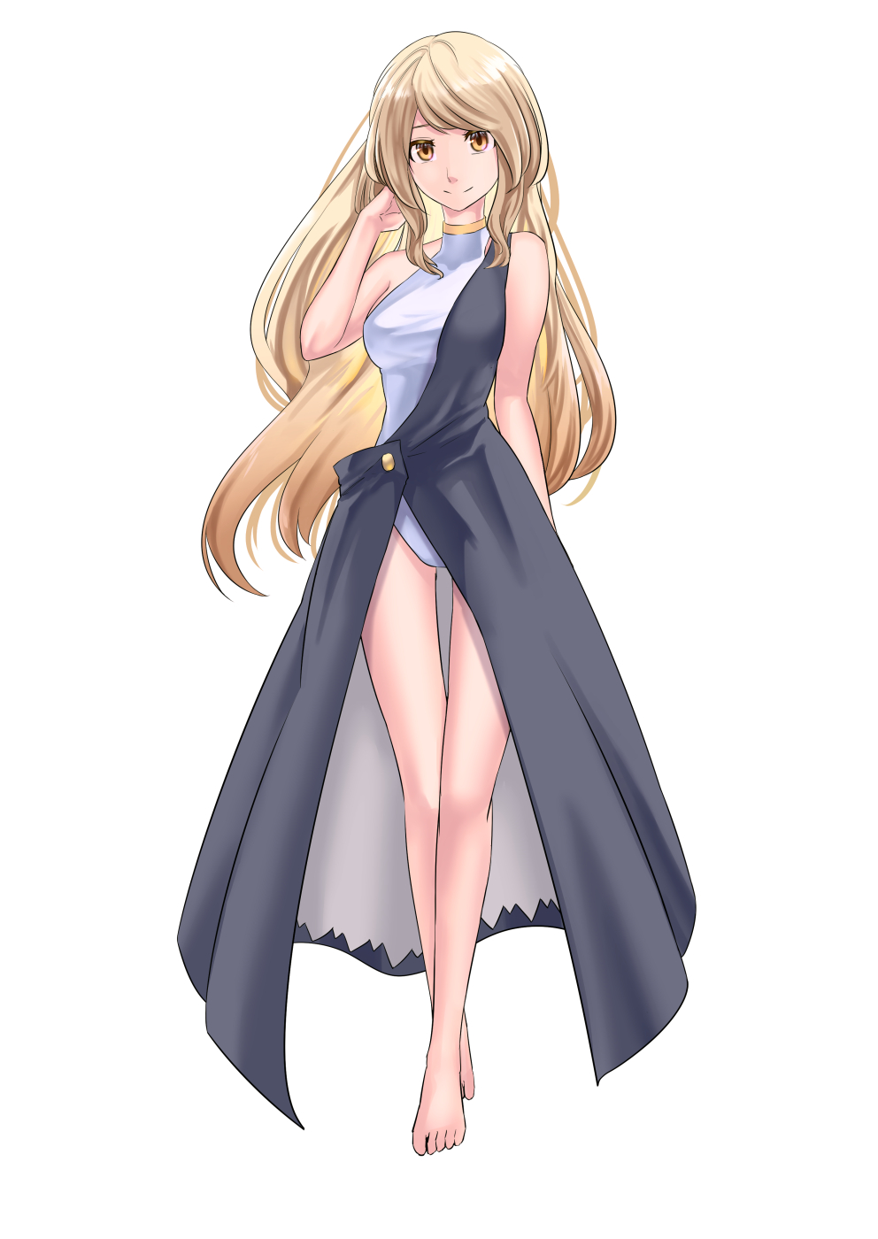 tenamaru, watatsuki no toyohime, fossilized wonders, touhou, commentary, commission, highres, skeb commission, 1girl, barefoot, black dress, blonde hair, dress, full body, halterneck, hand in own hair, long hair, looking at viewer, one-piece swimsuit, simple background, solo, swimsuit, tachi-e, white background, white one-piece swimsuit