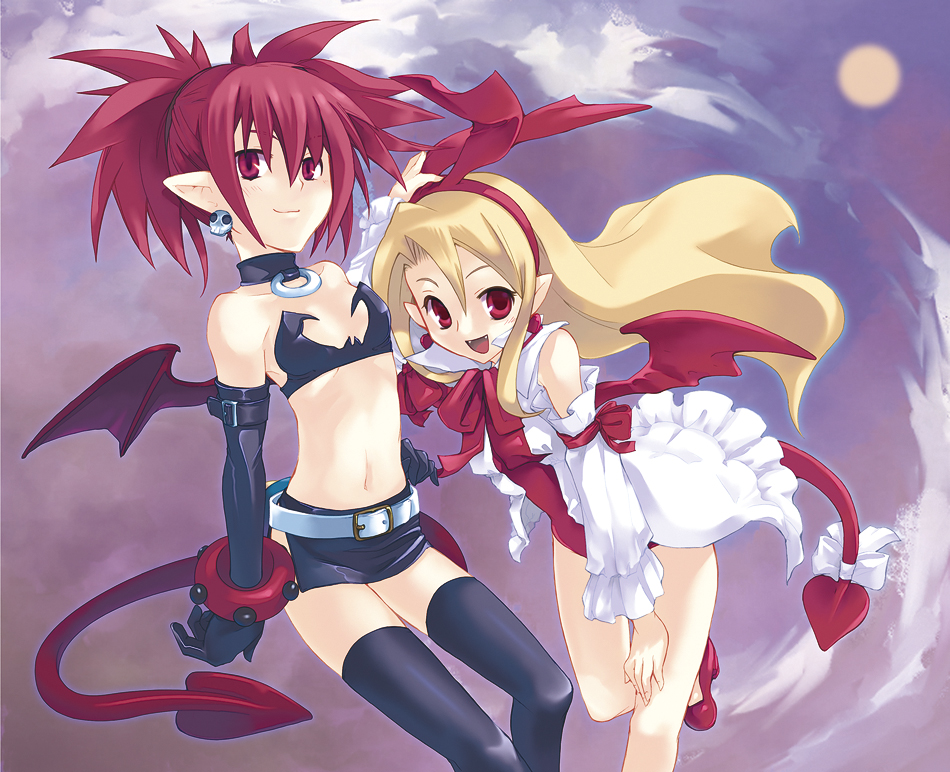 kumazm, etna (disgaea), flonne, flonne (fallen angel), kumako (poch4n), disgaea, nippon ichi, 2girls, bat wings, blonde hair, bow, choker, demon girl, demon wings, detached sleeves, elbow gloves, fallen angel, flat chest, gloves, leotard, long hair, midriff, multiple girls, navel, pointy ears, red eyes, red hair, red leotard, ribbon, tail, tail bow, tail ornament, thighhighs, wings