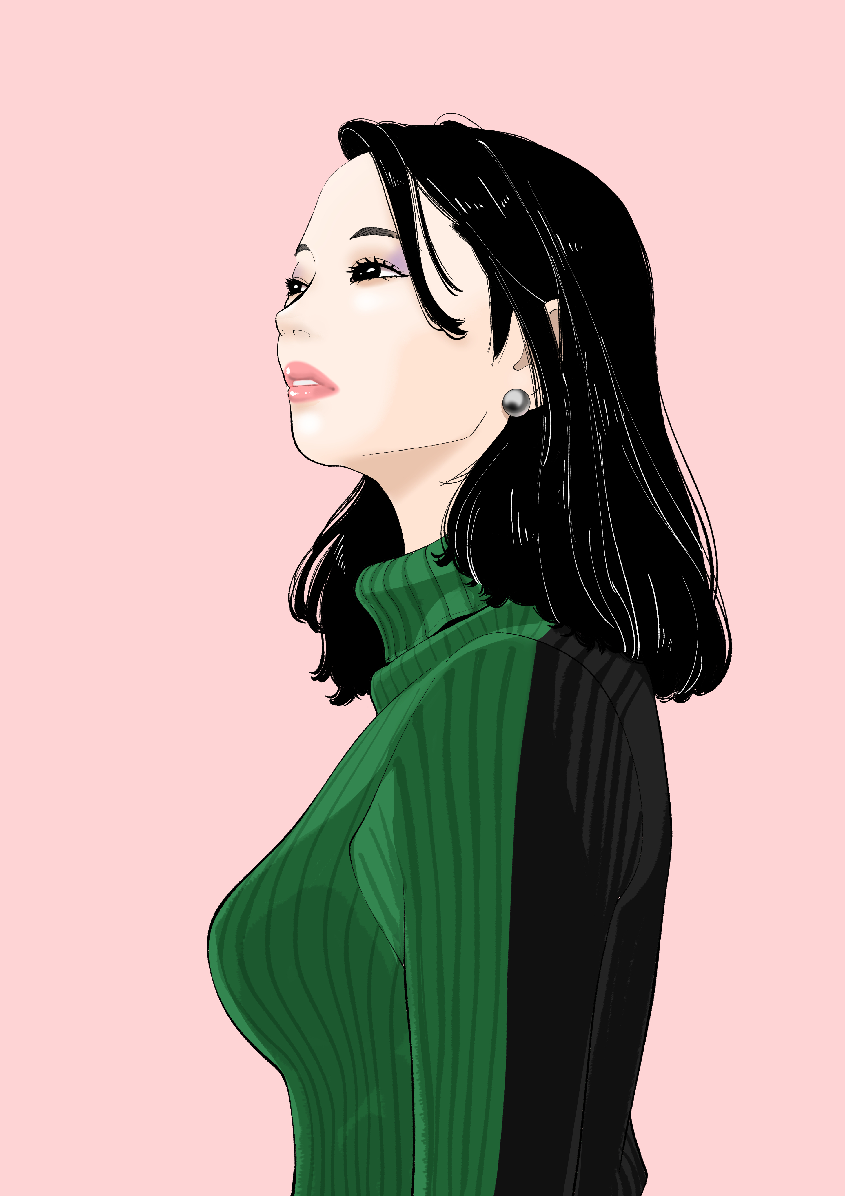 sakamoto giulietta, real life, absurdres, commentary, highres, 1girl, black eyes, black hair, black sweater, breasts, earrings, eyeshadow, from side, green sweater, hirose suzu, jewelry, lipstick, looking ahead, makeup, medium breasts, medium hair, parted lips, pink background, pink lips, purple eyeshadow, simple background, solo, sweater, turning head, turtleneck, turtleneck sweater, two-tone sweater, upper body