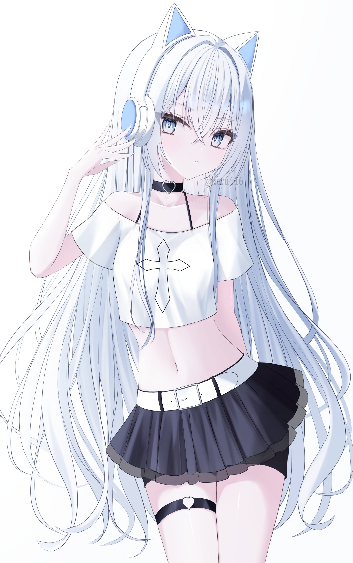 iris37337, original, highres, 1girl, animal ear headphones, animal ears, cat ear headphones, cat ears, choker, fake animal ears, frilled thigh strap, hair between eyes, headphones, long hair, navel, shirt, skirt, stomach, t-shirt, thigh strap, white background, white eyes, white hair