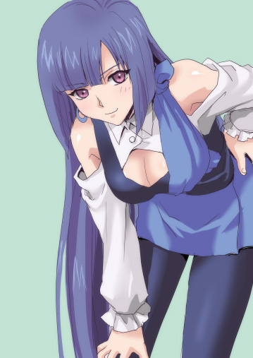 izumi rion, roux louka, gundam, gundam zz, 1girl, bare shoulders, blue hair, bodysuit, breasts, cleavage, earrings, female focus, jewelry, leaning forward, long hair, pantyhose, purple eyes, purple hair, smile, solo, spandex