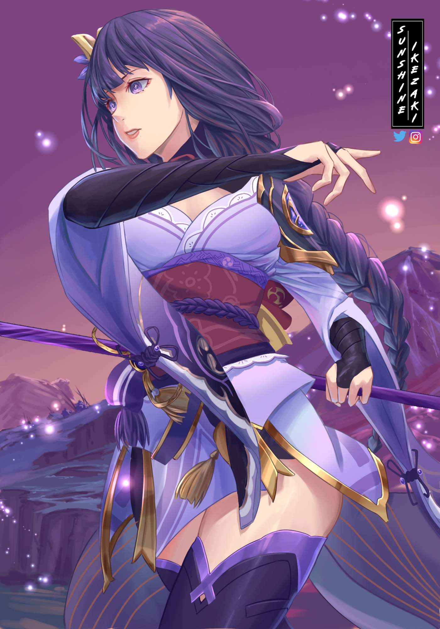 sunshineikezak1, raiden shogun, genshin impact, commentary, english commentary, highres, 1girl, arm up, armor, blunt bangs, braid, breasts, bridal gauntlets, cleavage, engulfing lightning (genshin impact), from side, hair ornament, holding, holding polearm, holding weapon, japanese armor, japanese clothes, kimono, large breasts, long braid, long hair, looking to the side, mitsudomoe (shape), off shoulder, outdoors, panties, parted lips, pink lips, polearm, purple eyes, purple hair, purple kimono, purple sky, purple thighhighs, red sash, sash, shade, shoulder armor, single braid, sky, solo, standing, sunset, thighhighs, tomoe (symbol), underwear, upper body, weapon, white panties