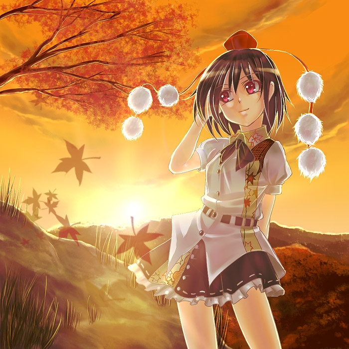 takemori shintarou, shameimaru aya, touhou, looking away, bad id, bad pixiv id, 1girl, autumn, black hair, female focus, hat, leaf, red eyes, ribbon, short hair, skirt, solo, sunset
