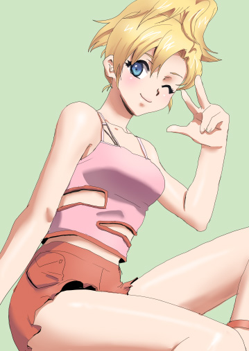 izumi rion, elle vianno, gundam, gundam zz, 1girl, bare shoulders, blonde hair, blue eyes, camisole, collarbone, female focus, legs, midriff, one eye closed, ponytail, skirt, smile, solo, v, wink