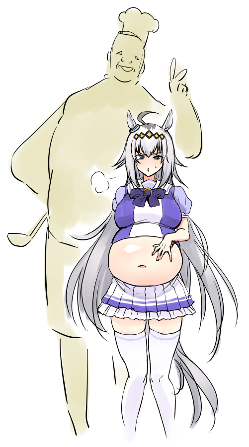 oguri cap (umamusume), umamusume, after meal, burp, chef, chef hat, full stomach, hand on own stomach, hat, horse girl, long hair, nicoseiga 34352097, puff of air, sweatdrop, very long hair