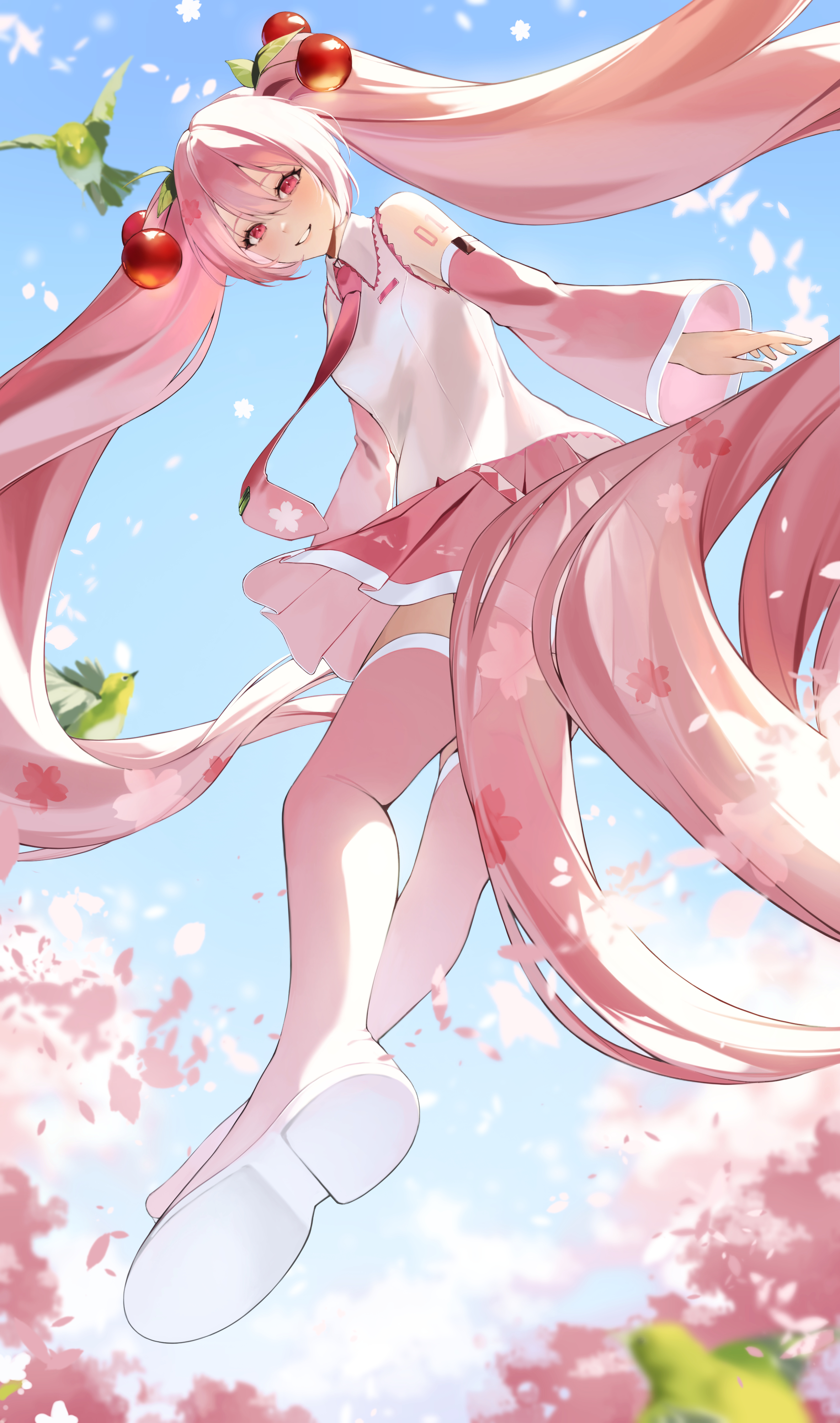 punipunimeron1, hatsune miku, sakura miku, vocaloid, absurdres, highres, 1girl, absurdly long hair, arm tattoo, bird, boots, cherry blossoms, collared shirt, detached sleeves, hair between eyes, japanese white-eye, long hair, long sleeves, looking at viewer, necktie, number tattoo, open mouth, pink eyes, pink hair, pink necktie, pink skirt, pleated skirt, shirt, skirt, smile, solo, spring (season), tattoo, thigh boots, twintails, very long hair, white shirt, wide sleeves