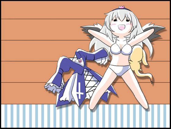 miyako (hidamari sketch), suigintou, hidamari sketch, rozen maiden, 1girl, aoki ume (style), female focus, long hair, parody, solo, style parody, white hair, wings