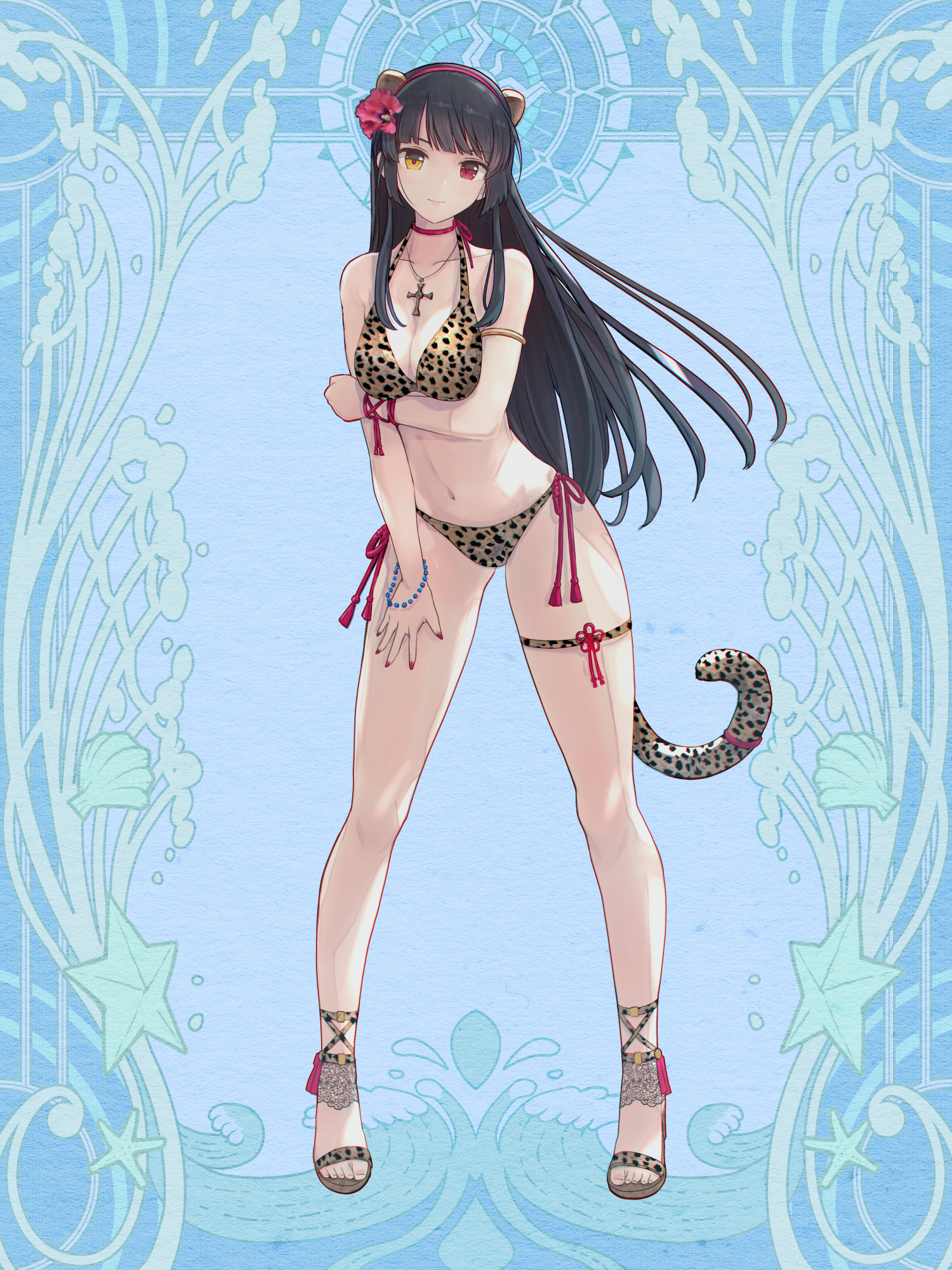 hoi (tw), dairoku ryouhei, highres, 1girl, animal ears, animal print, armlet, bead bracelet, beads, bikini, black hair, blue background, bracelet, breast lift, breasts, cross, cross necklace, fake animal ears, fake tail, flower, full body, hair flower, hair ornament, heterochromia, jewelry, kiryu reina, leopard print, long hair, looking at viewer, medium breasts, navel, necklace, red eyes, red ribbon, ribbon, sandals, side-tie bikini bottom, solo, standing, swimsuit, tail, thigh strap, yellow eyes