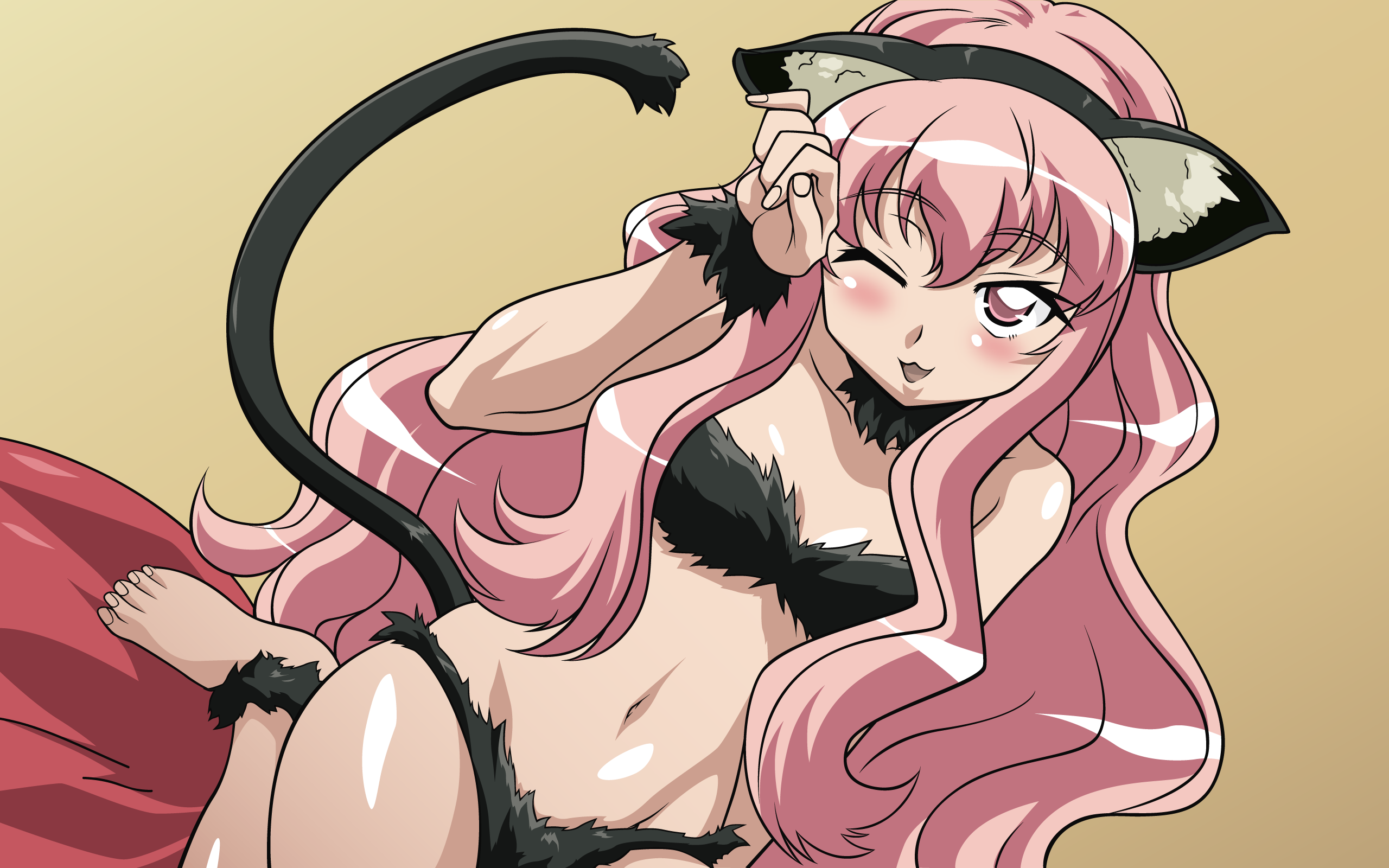 louise francoise le blanc de la valliere, zero no tsukaima, artist request, derivative work, highres, vector trace, 00s, 1girl, animal ears, barefoot, cat ears, cat tail, female focus, long hair, one eye closed, pink hair, solo, tail, very long hair, wink