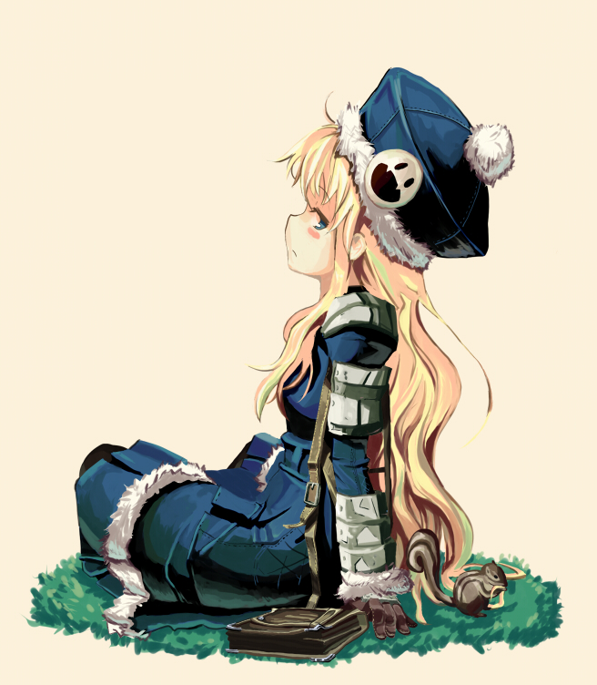 onomichi, gunner (sekaiju), gunner 2 (sekaiju), jack frost (megami tensei), atlus, etrian odyssey, beige background, bad id, bad pixiv id, 1girl, animal, badge, bag, blonde hair, blue eyes, blush stickers, book, brown gloves, button badge, chewing, chipmunk, dress, fangs, female focus, from side, full body, fur trim, gloves, hair ornament, hat, long hair, long sleeves, looking at viewer, pom pom (clothes), shoulder bag, simple background, sitting, solo, squirrel
