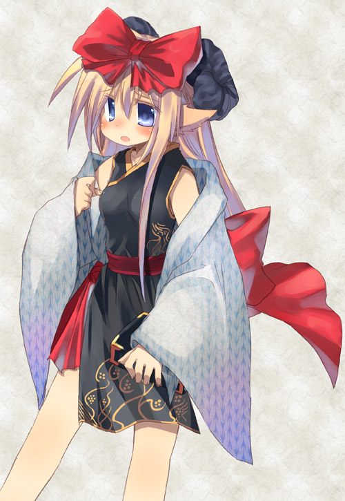 toba hiyoko, 1girl, animal ears, blonde hair, blue eyes, bow, breasts, cropped legs, dress, female focus, hair between eyes, hair bow, japanese clothes, long hair, looking at viewer, off shoulder, open mouth, red bow, ribbon, sleeveless, sleeveless dress, solo