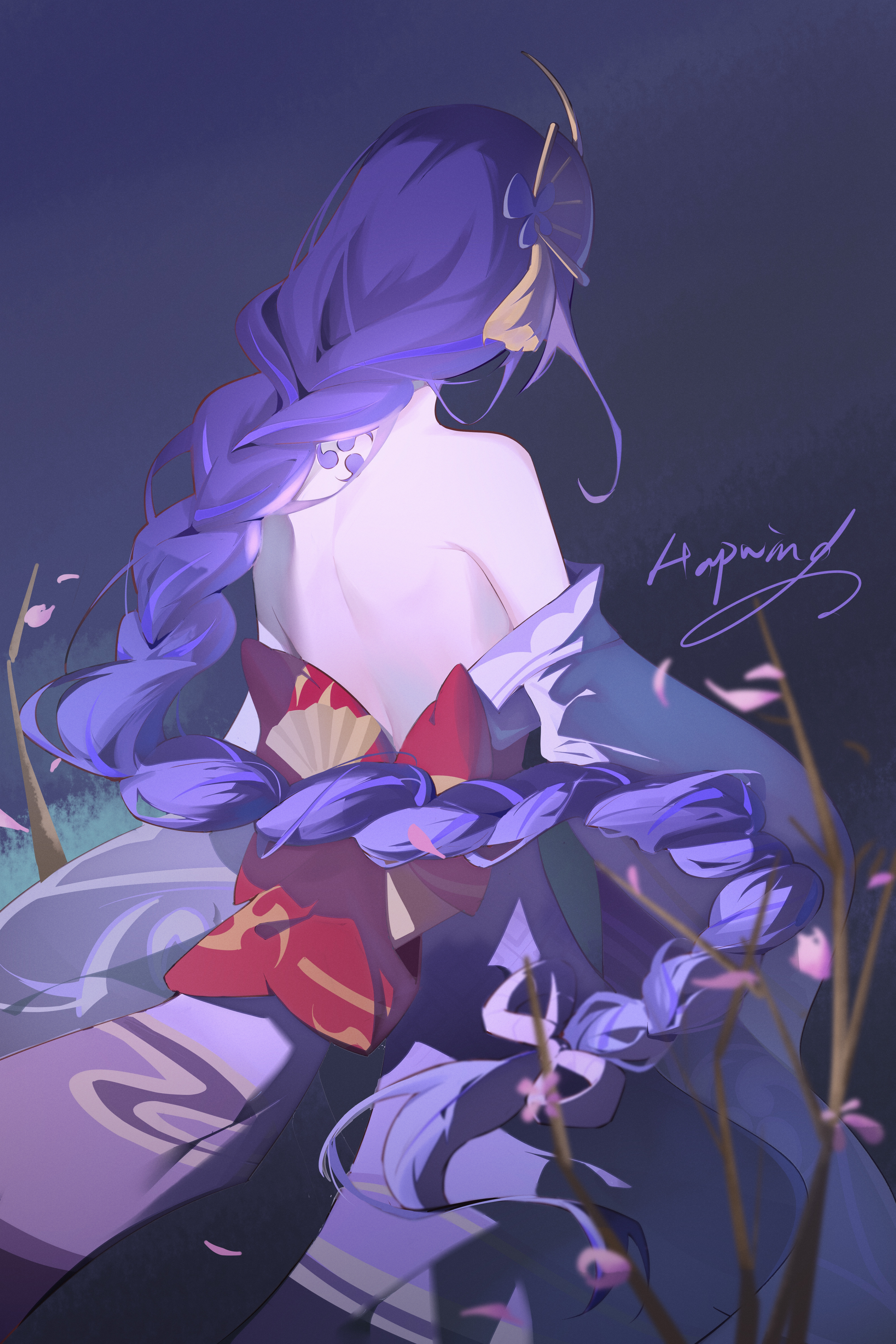 hapwind, raiden shogun, genshin impact, absurdres, commentary request, highres, 1girl, artist name, back, back bow, back tattoo, bare back, bare shoulders, blurry, bow, braid, branch, depth of field, fan hair ornament, from behind, gradient hair, hair ornament, hair ribbon, japanese clothes, kimono, long braid, long hair, mitsudomoe (shape), multicolored hair, off shoulder, outdoors, purple background, purple hair, purple kimono, purple ribbon, red bow, ribbon, shade, signature, single braid, solo, standing, streaked hair, tattoo, tomoe (symbol), upper body