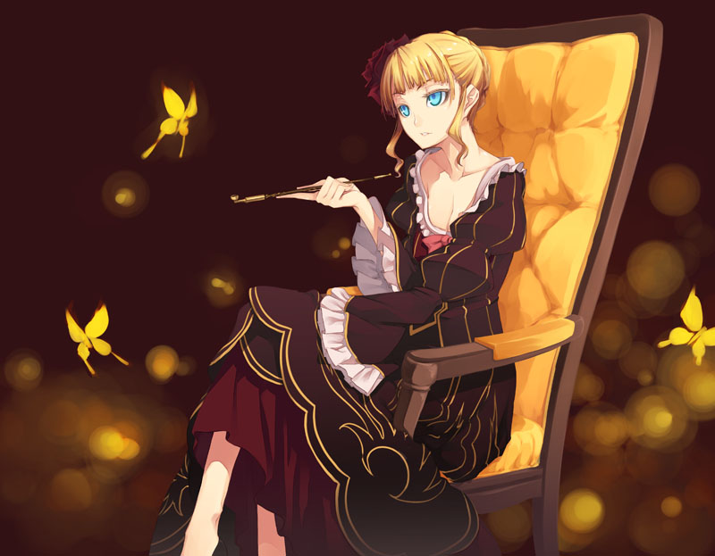 shingo (missing link), beatrice (umineko), umineko no naku koro ni, bad id, bad pixiv id, 00s, 1girl, armchair, blonde hair, blue eyes, butterflt, chair, crossed legs, dress, female focus, kiseru, long dress, short hair, sitting, smoking pipe, solo, yellow upholstery