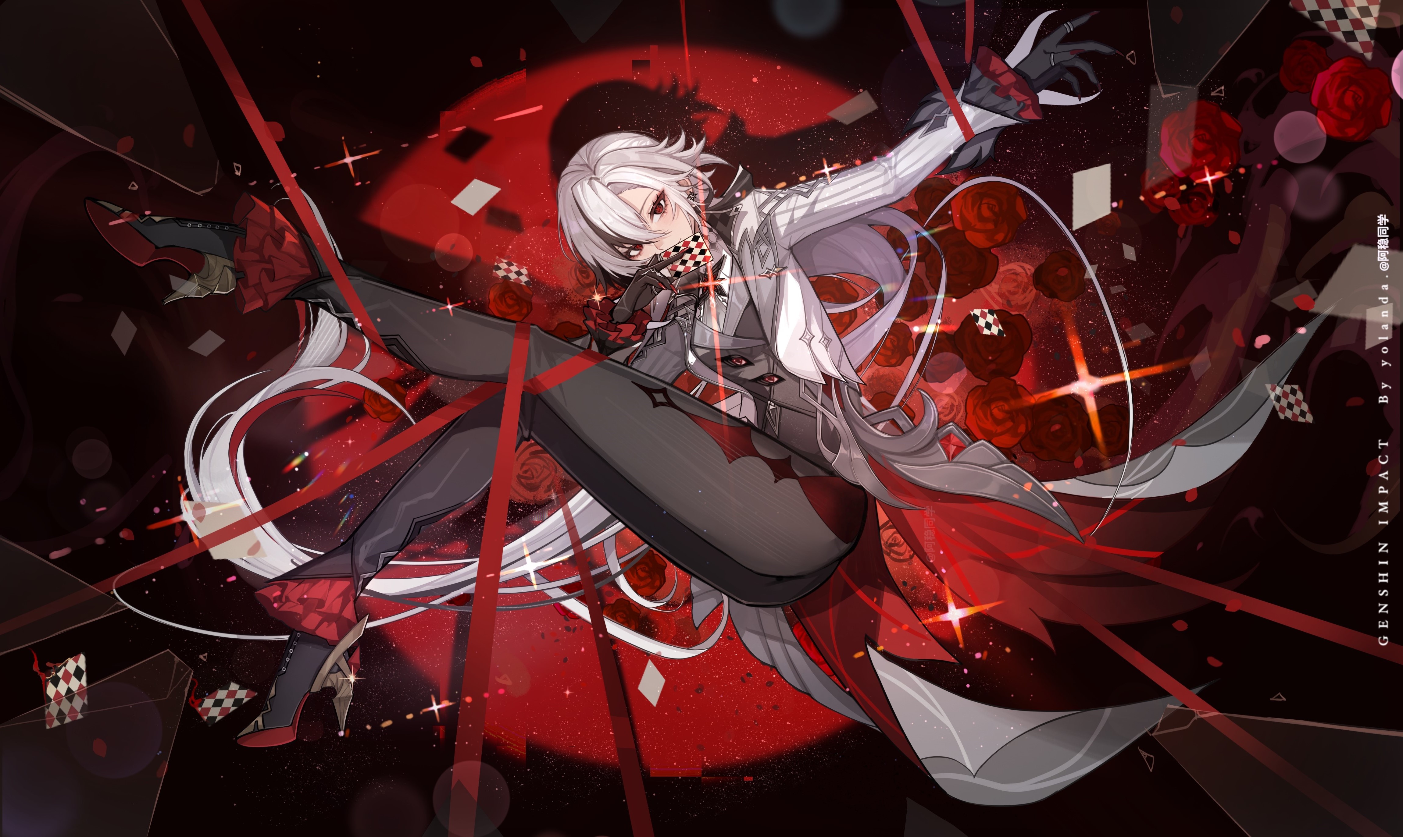 arlecchino (genshin impact), genshin impact, absurdres, highres, non-web source, black thighhighs, dim lighting, high heels, rope, thighhighs, white hair