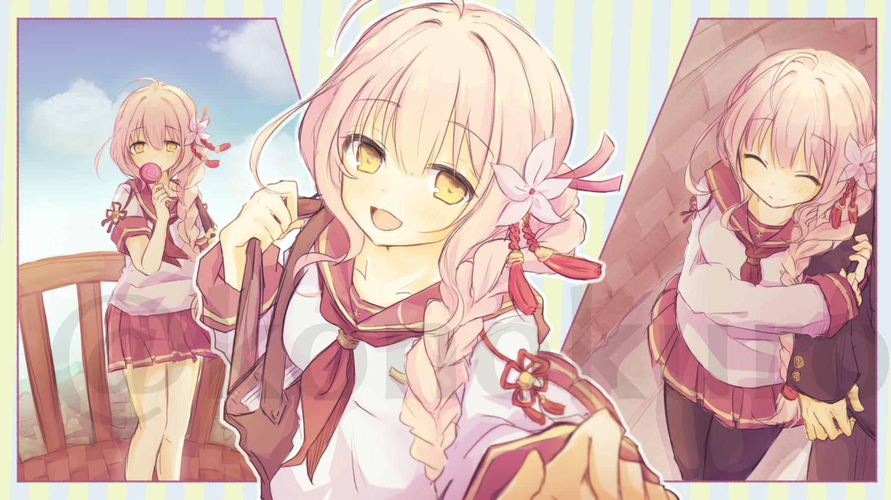 konoquro, ayukawa koto, iris mysteria!, highres, 1girl, ahoge, alternate costume, bag, braid, brown pantyhose, candy, closed eyes, flower, food, hair flower, hair ornament, holding another's arm, lollipop, long braid, multiple views, neckerchief, open mouth, pantyhose, pink hair, pleated skirt, red neckerchief, red serafuku, red skirt, school uniform, serafuku, skirt, smile, striped background, yellow eyes