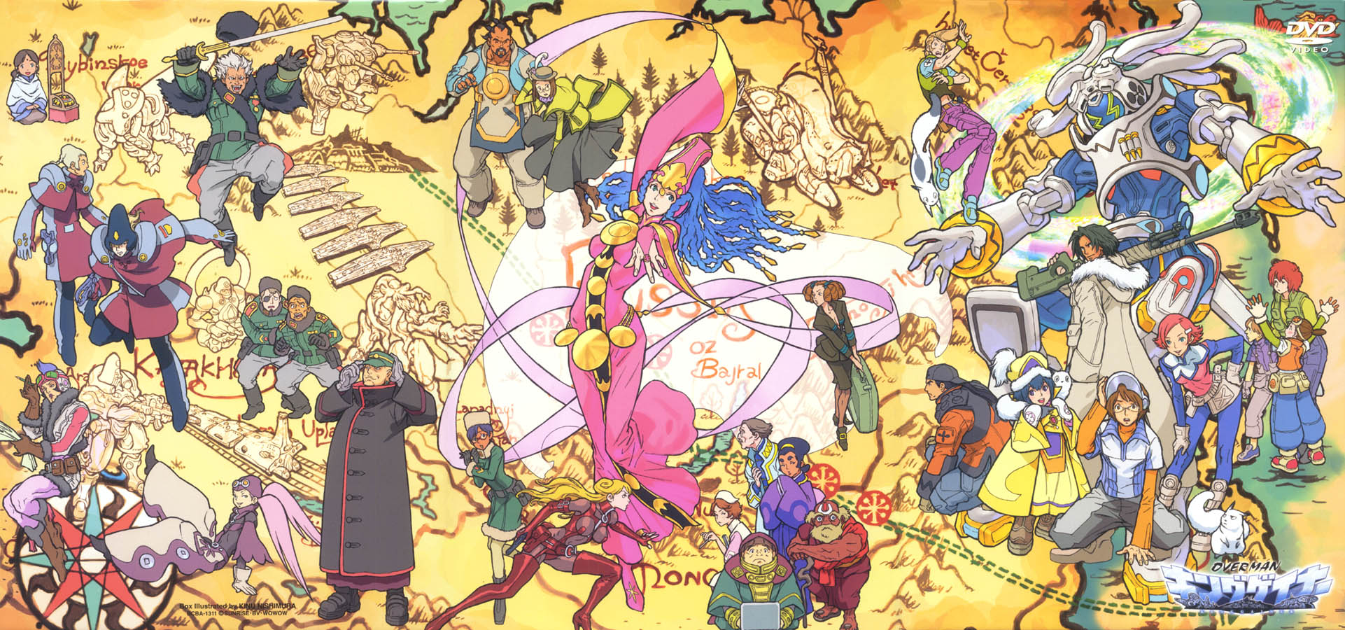 nishimura kinu, adette kistler, ana medaiyu, asuham boon, cona madaya, cynthia lane, dominator, gain bijou, gainer sanga, hughes gauli, jaboli mariela, king gainer, lioubov smettana, meeya laujin, miiya raujin, sara kodama, overman king gainer, highres, 00s, 6+boys, 6+girls, everyone, mecha, multiple boys, multiple girls, robot