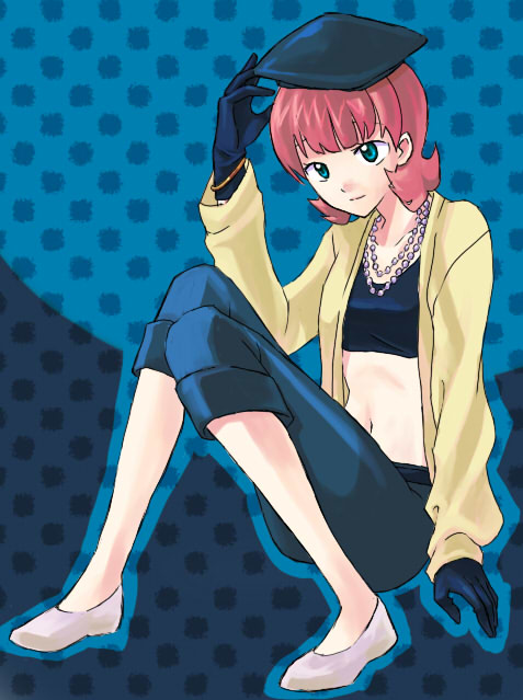 ayamoto, sarah zabiarov, gundam, zeta gundam, 1girl, bracelet, capri pants, female focus, gloves, green eyes, hat, jacket, jewelry, midriff, navel, necklace, pants, pink hair, shoes, shorts, sitting, solo