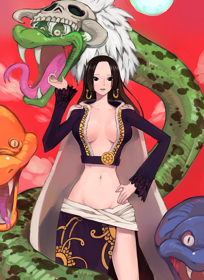 sanae (satansanae), boa hancock, salome (one piece), one piece, 1girl, alternate color, amazon lily, amazon warrior, black hair, breasts, cleavage, earrings, groin, jewelry, large breasts, long hair, midriff, navel, revealing clothes, skull, snake