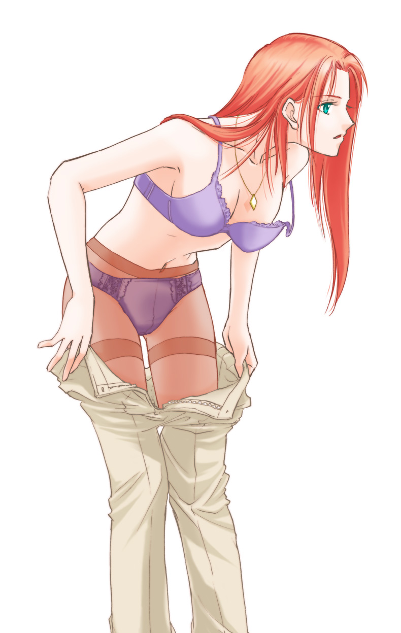 rain-azel, unoen (rain-azel), christina mackenzie, gundam, gundam 0080, 1980s (style), highres, 1girl, bare shoulders, bra, breasts, cleavage, collarbone, crotch seam, dressing, female focus, green eyes, jewelry, large breasts, lingerie, long hair, navel, necklace, oldschool, open mouth, panties, panties under pantyhose, pants, pantyhose, purple bra, purple panties, red hair, retro artstyle, solo, strap slip, underwear, underwear only, undressing