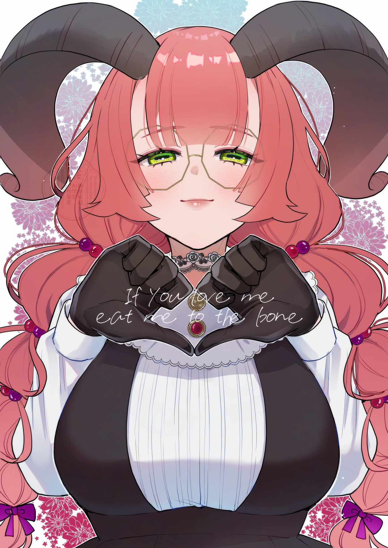 bunsai, original, highres, 1girl, beads, black gloves, breasts, brown horns, curled horns, glasses, gloves, green eyes, hair beads, hair ornament, heart, heart hands, horns, large breasts, long hair, long sleeves, looking at viewer, orange hair, shirt, twintails, upper body, very long hair, watermark, white shirt