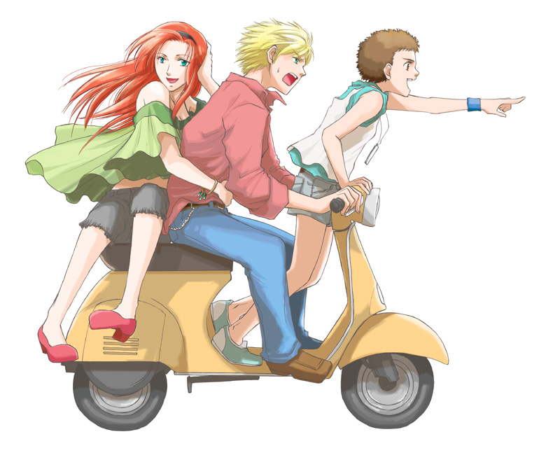 rain-azel, unoen (rain-azel), alfred izuruha, bernard wiseman, christina mackenzie, gundam, gundam 0080, vehicle, 1980s (style), 1girl, 2boys, bare shoulders, belt, blonde hair, bracelet, breasts, brown eyes, brown hair, capri pants, chain, cleavage, denim, green eyes, hairband, jeans, jewelry, long hair, medium breasts, motor vehicle, multiple boys, oldschool, open mouth, pants, pointing, red hair, retro artstyle, scooter, shirt, shoes, short hair, short shorts, shorts, sleeveless, smile, sweatdrop, wristband