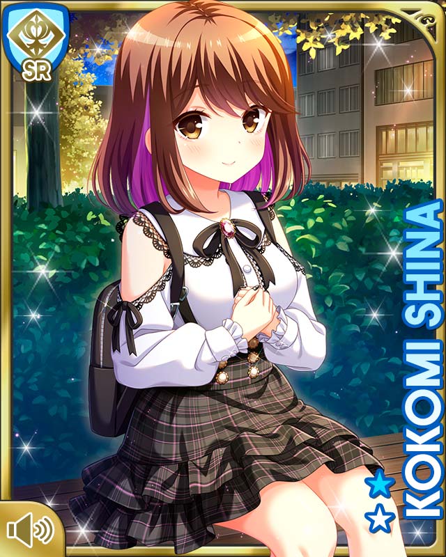 qp:flapper, shiina kokomi, girlfriend (kari), official art, 1girl, backpack, bag, black bow, black skirt, bow, breasts, brown eyes, brown hair, card (medium), character name, closed mouth, collarbone, female focus, night, outdoors, plaid clothes, plaid skirt, shirt, short hair, sitting, skirt, smile, solo, white shirt